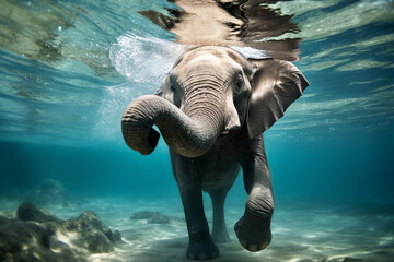 Elephant swims in the sea, underwater view.
