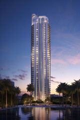 Modern high-rise residential skyscraper in the style of residential apartments in Miami. The building has rounded floor features and large windows. - obrazy, fototapety, plakaty