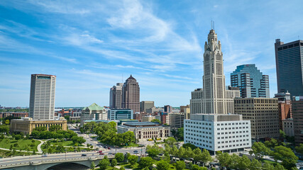 Aerial blue skies over downtown Columbus Ohio with LeVeque Tower aerial