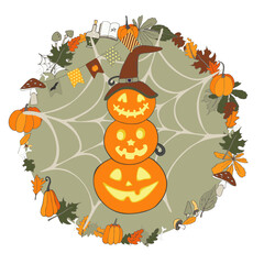 HALLOWEEN illustrations pumpkin ghosts witch hat mushrooms autumn leaves and others Vector set