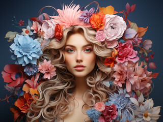 Nature attacks human. Many colorful flowers on a woman's head on blue background. Mental health day. Copy space.