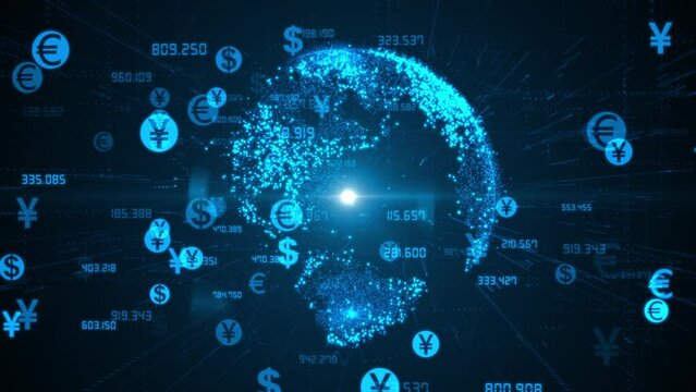 Global currencies exchange on abstract digital world map background. Stock market investment and trading concept. Transfer money technology and CBDC payments worldwide. Online banking account