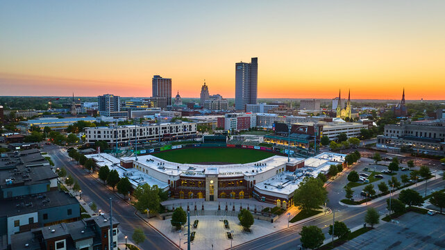 Aerial baseball diamond downtown Fort Wayne Indiana United States Parkview Field city sunrise