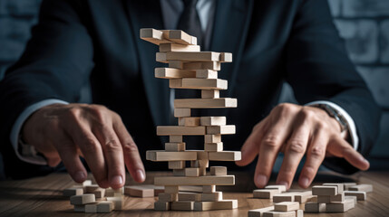 A businessman in a suit tries to build and hold up a wooden tower. Created with Generative AI technology.