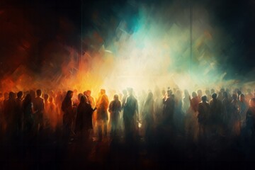 crowd of people with bright skies, oil style.