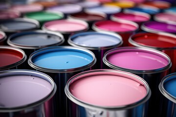 Open paint cans with pastel paint. AI generated