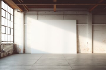 Fototapeta premium White blank canvas in a factory loft. AI generated