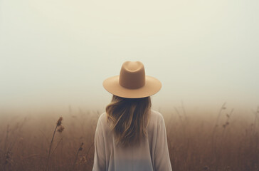 blonde woman in a hat in front of the foggy field