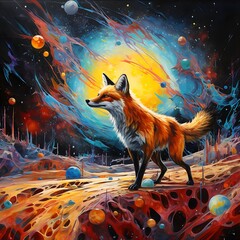 colorful oil painting of a walking fox on a different planet, Conceptual abstract picture
