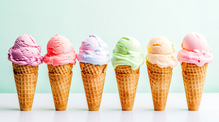 collection of multi-colored ice cream of various flavors in a waffle cone, banner made with Generative AI