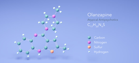 olanzapine molecule, molecular structures, atypical antipsychotics, 3d model, Structural Chemical Formula and Atoms with Color Coding
