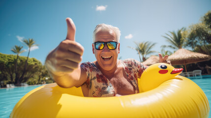 An elderly man swims in a pool on a yellow inflatable duckling over the weekend.
