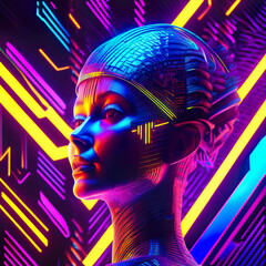 Beautiful abstract female face as part of a bright neon futuristic geometric pattern in blue violet colors. Cyberpunk illustration in 80s style. Beautiful retro future wallpaper.