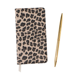  Notebook with leopard print and golden pen. Photo of stylish stationery isolated on transparent background.