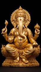 Gold Ganesha in Sitting Pose on Black Background. Generative ai