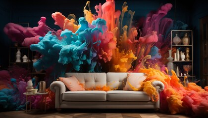 Colorful Paint Splashed in the Living Room. Generative ai