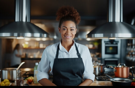 Beautiful Black Female Chef cook in Restaurant Kitchen.