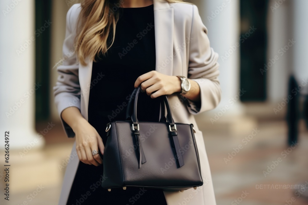 Poster Autumn trendy outfit woman in stylish beige coat with black big bag.