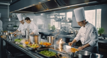 Chefs in commercial kitchen, Head chef finishing dish in kitchen at restaurant.