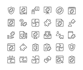 Puzzle. Vector line icons set. Solution concepts. Black outline stroke symbols