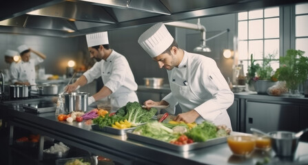 Chefs in commercial kitchen, Head chef finishing dish in kitchen at restaurant.