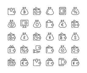 Wallet. Vector line icons set. Money concepts. Black outline stroke symbols