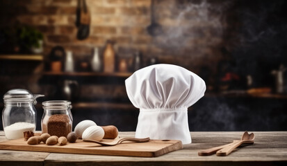 Fototapeta na wymiar Cook hat on wooden table in kitchen.