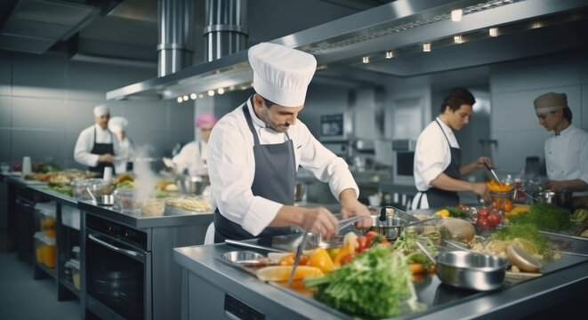 Chefs in commercial kitchen, Head chef finishing dish in kitchen at restaurant.