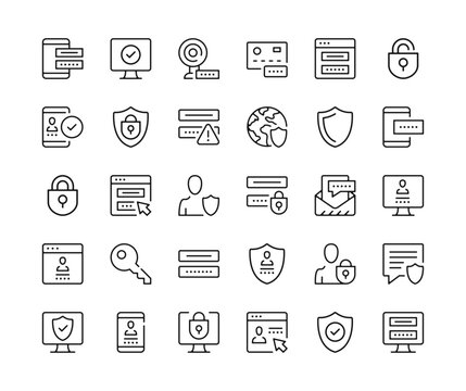 Password. Vector line icons set. Computer protection, safety, cybersecurity, privacy, online security concepts. Black outline stroke symbols
