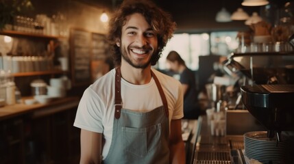 Fototapeta premium Portrait of handsome young male coffee shop owner standing behind counter, Coffee maker.