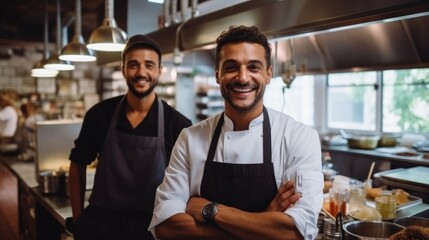Portrait of restaurant owner with chef in commercial kitchen.