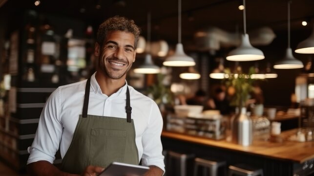 Smiling male barista holding digital tablet while standing in cafe.