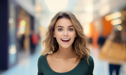 Smiling young woman with shopping bags over mall background.