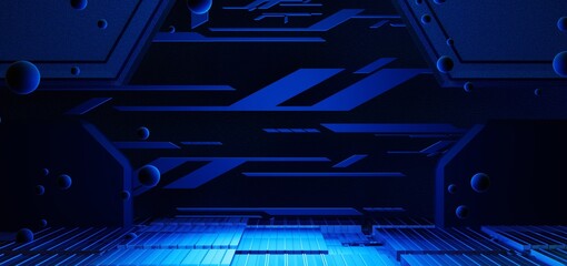 futuristic gaming esports background abstract wallpaper, cyberpunk style scifi game, stage concert scene in pedestal display room, led neon glow light, 3d illustration rendering