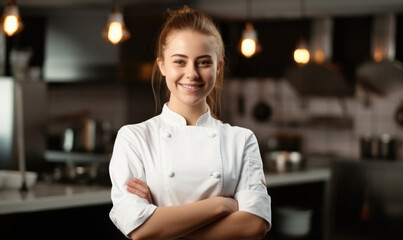 Beautiful woman chef working in a kitchen at a restaurant.