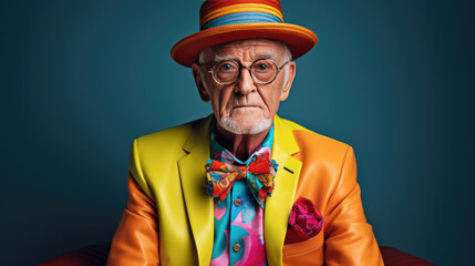 Brightly dressed stylish elderly man on dark background.