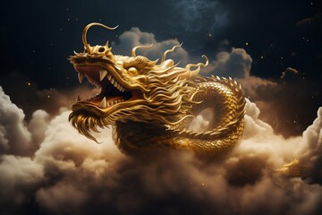 Chinese Golden Dragon in the Cloud at Night Time. Generative ai