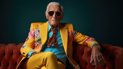 Brightly dressed stylish elderly man on dark background.
