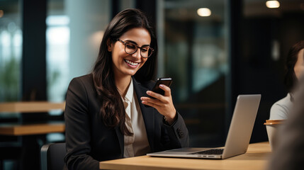 Woman looks at her phone while working in the office.