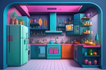 Kitchen interior in purple colors