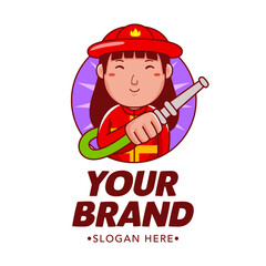 Woman Firefighter Cartoon Character Logo Vector Template
