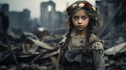 Portrait of a beautiful girl in the ruins of the city. War.
