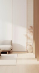 Japanese Minimalism: Room with Wooden Furniture in Soft Pastel Tones. Generative ai