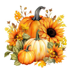 Fall autumn pumpkin farm floral sunflower garden plant element watercolor illustration orange Generative Al Illustration