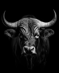Naklejka premium Generated photorealistic portrait of a bull with long horns in black and white