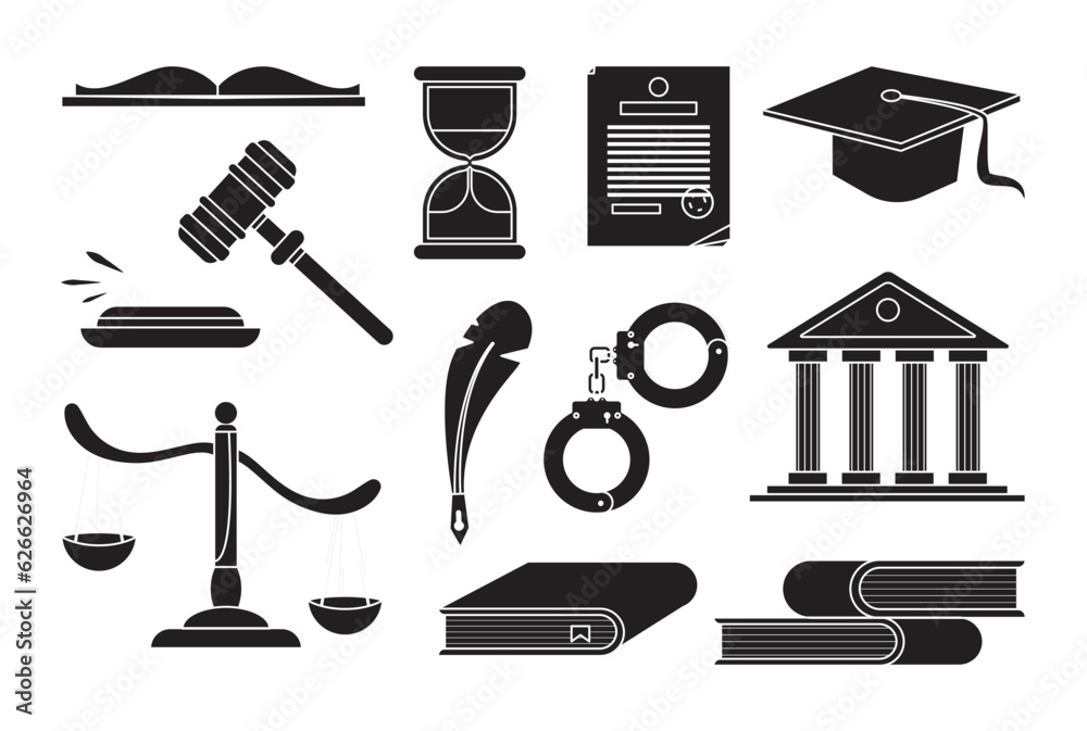 Poster Set court and justice law icons. Services of a lawyer, attorney or notary. Law and protection of business interests in court. Books scales hummer of the judge. Vector isolated on white background