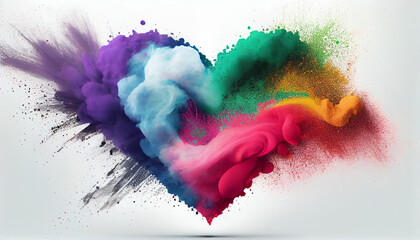 Rainbow exploding heart made from powder on love white background, abstract watercolor background with heart, Valentine's Day card creative idea, Ai generated image 