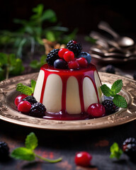 Generated photorealistic image of panna cotta with berries - obrazy, fototapety, plakaty