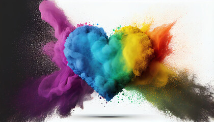 Fototapeta na wymiar Rainbow exploding heart made from powder on love white background, abstract watercolor background with heart, Valentine's Day card creative idea, Ai generated image 