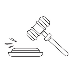 Judge Wood Hammer's auction, court outline. Ceremonial gavel of the chairman with a figured handle, for passing sentences and bills, court, justice, with a wooden stand. Isolated on a white background